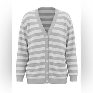J JILL WOMRNS 2 TONE GRAY STRIPED CARDIGAN SWEATER SIZE L